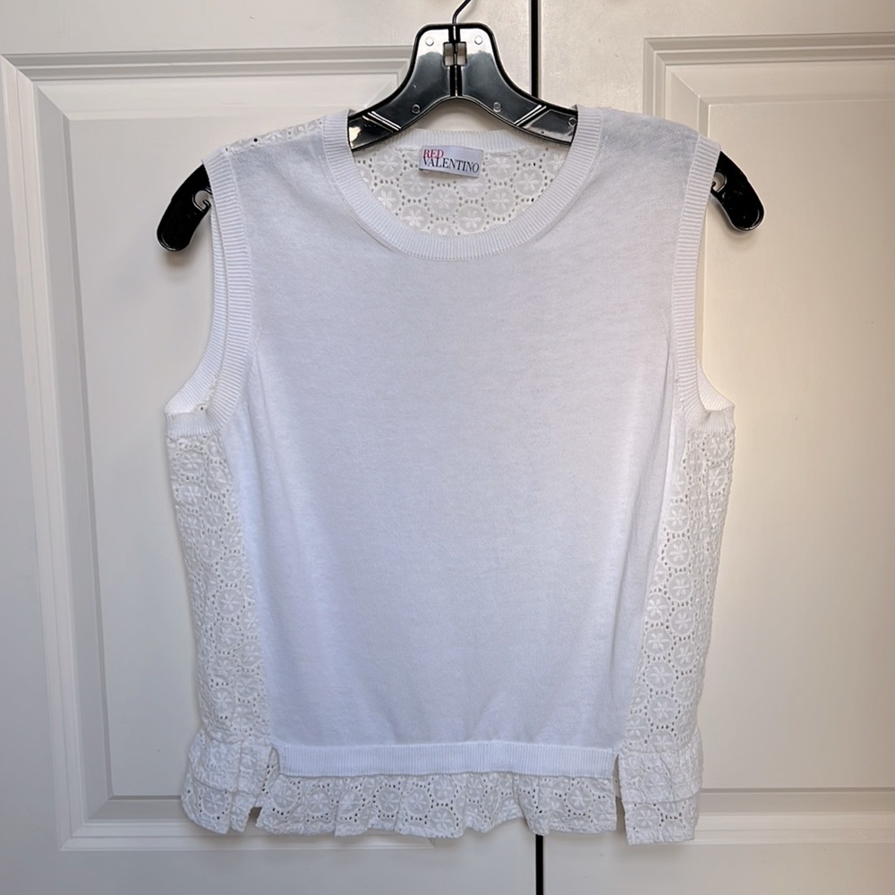 Red Valentino White Ruffle Eyelet Back Sleeveless Top